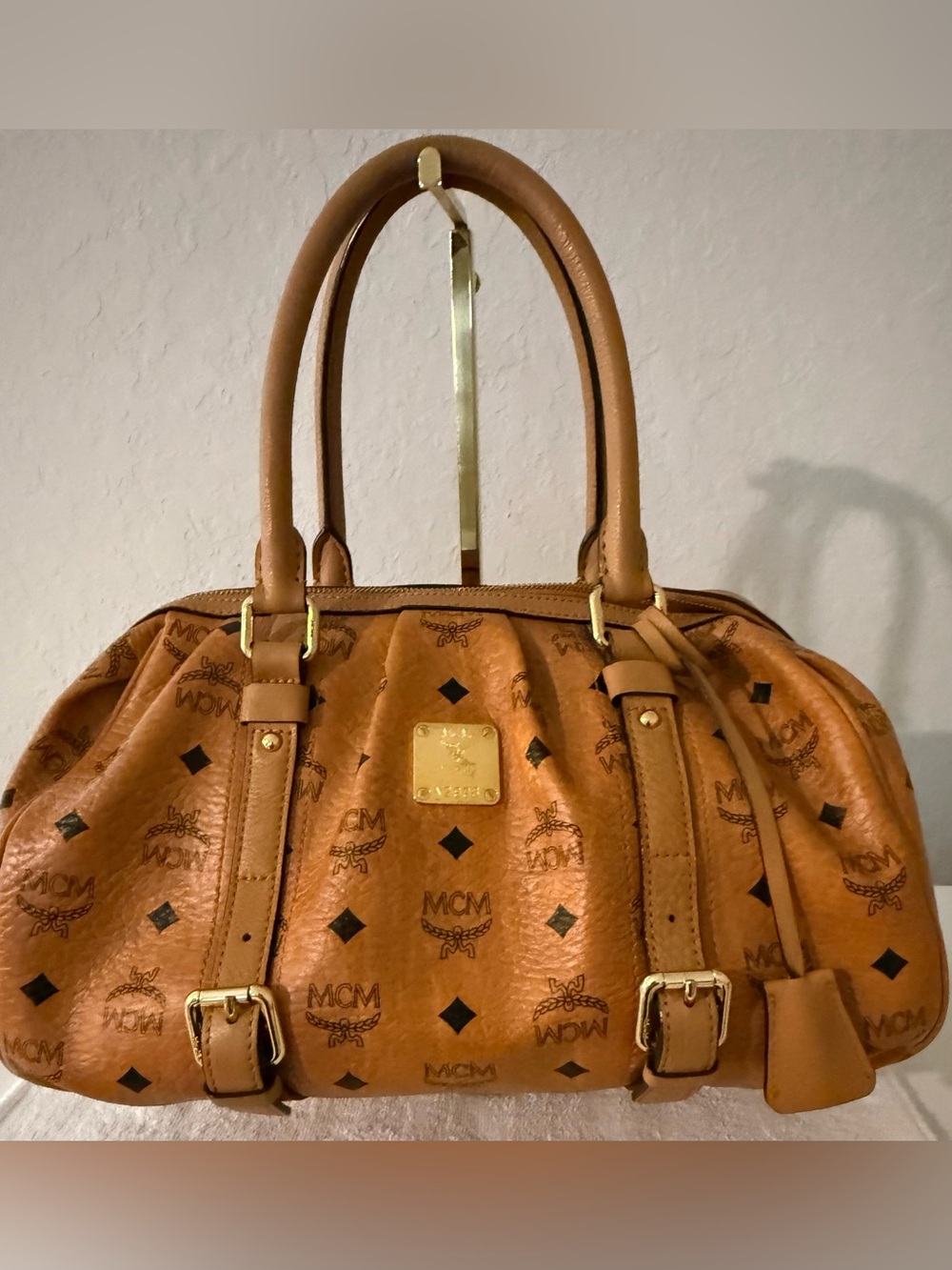 MCM Visetos Monogram Slouchy Satchel - Tan Brown with Gold Hardware